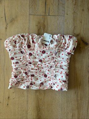 Free People Cream Strapless Smocked Crop Top with Red Polka Dots